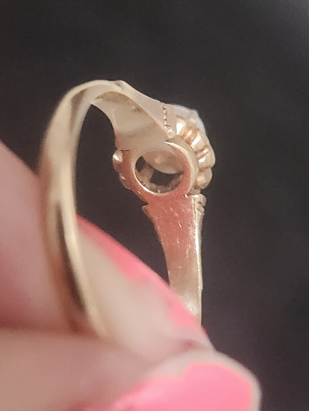 Antique 14k ylw gold Edwardian 6-prong buttercup setting natural pearl ring - Picture 7 of 16